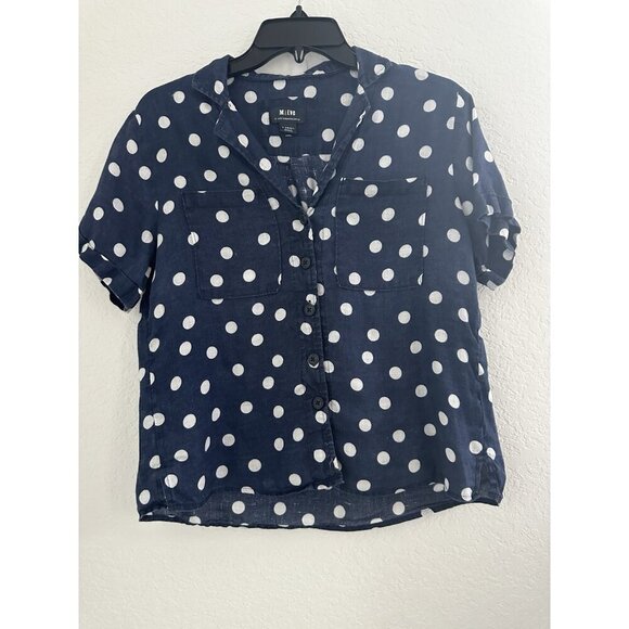 Anthropologie Maeve Women Button Down Shirt Top Surf‎ Linen Navy Dot XS Casual - Picture 1 of 10